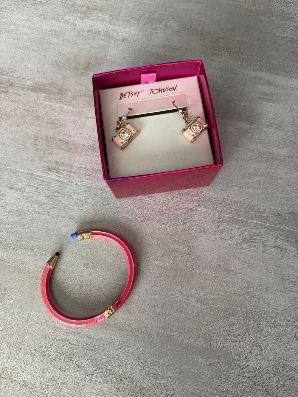 Betsey Johnson Pink Camera Charm Dangle Earrings  & pencil bracelet bundle
